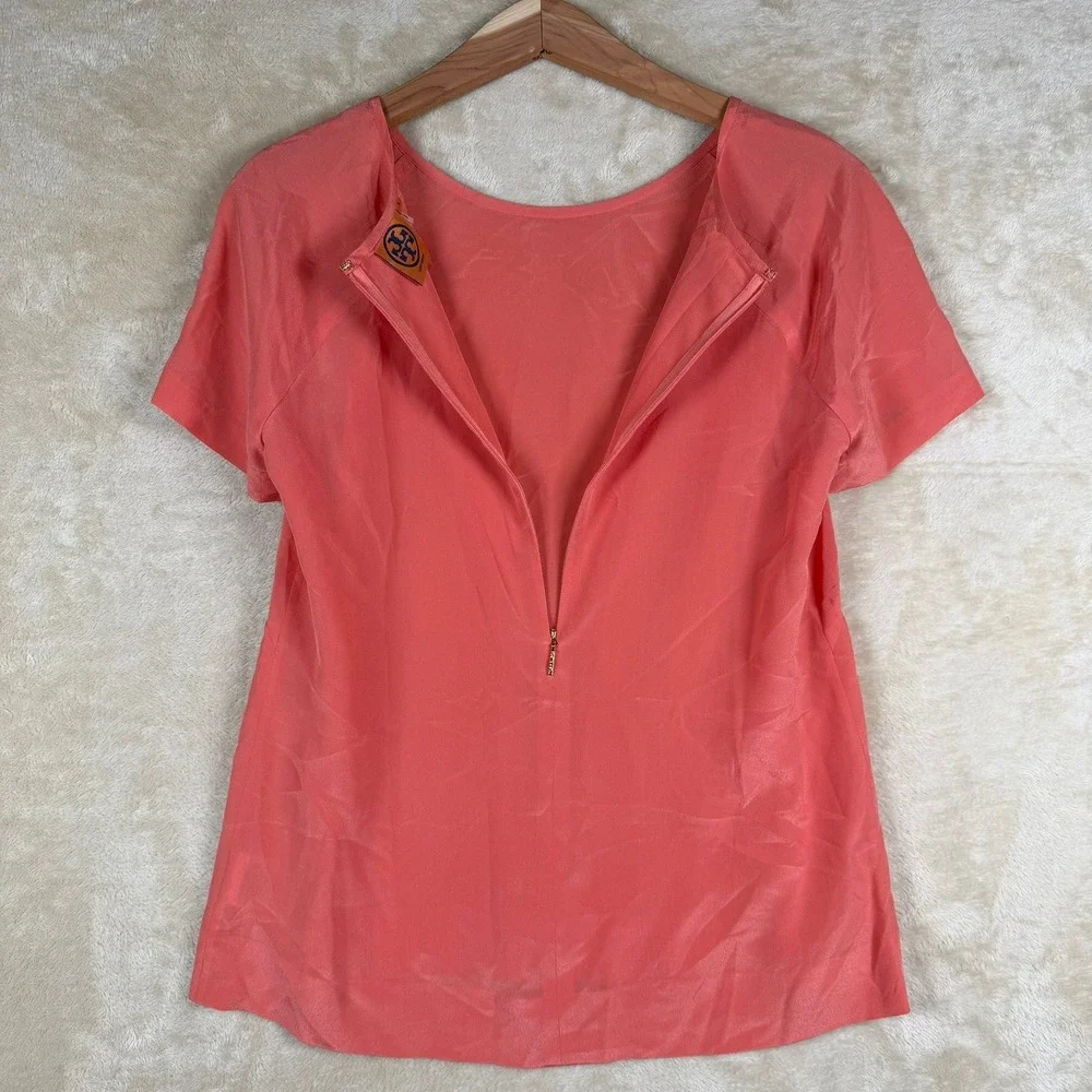 Tory Burch 100% Silk Top Women's Size‎ 6 Coral Pink Short Sleeve Blouse